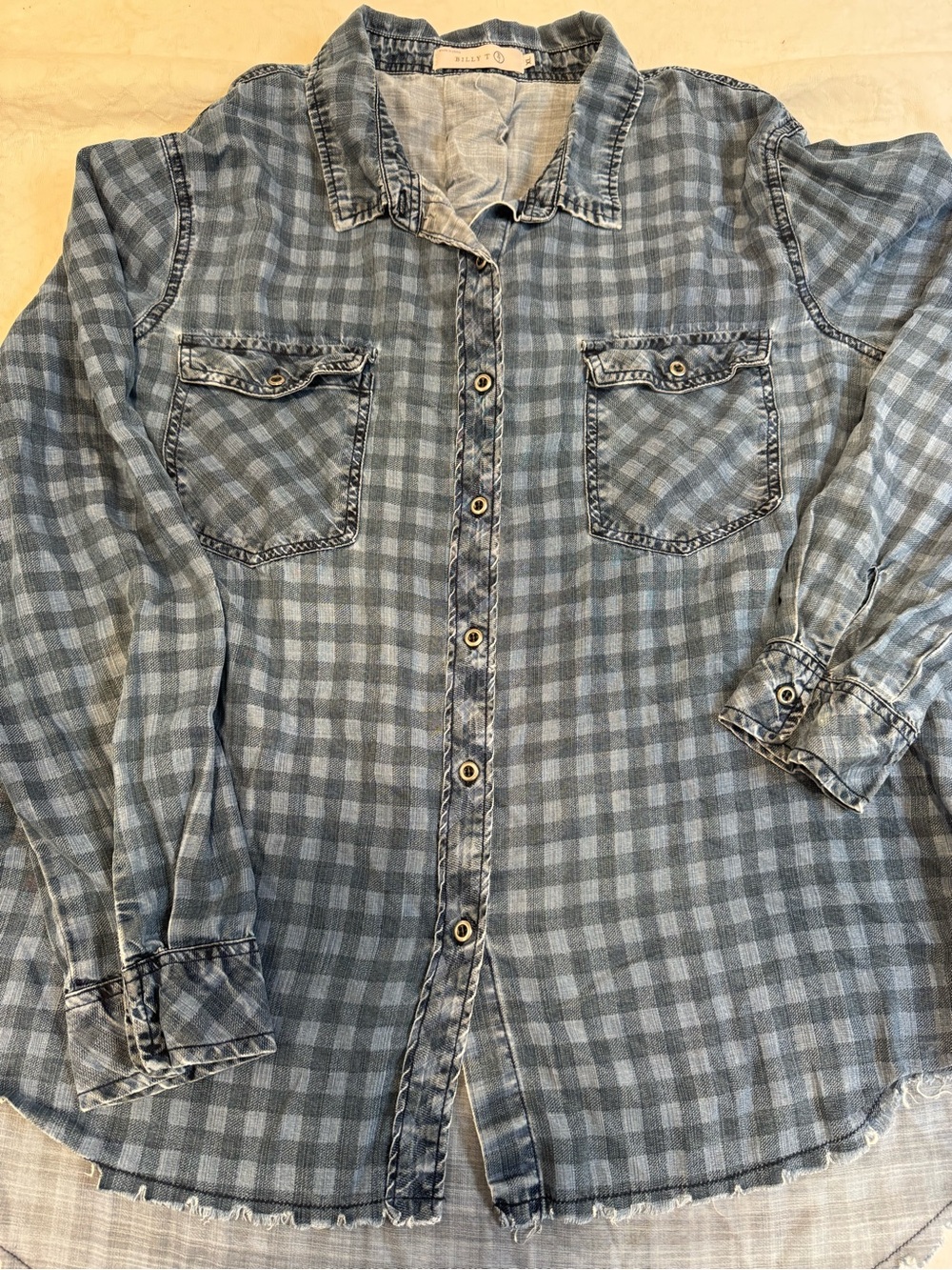 Billy T Womens XL Lyocell Gingham Chambray Shirt Lace Up Back Frayed Hem